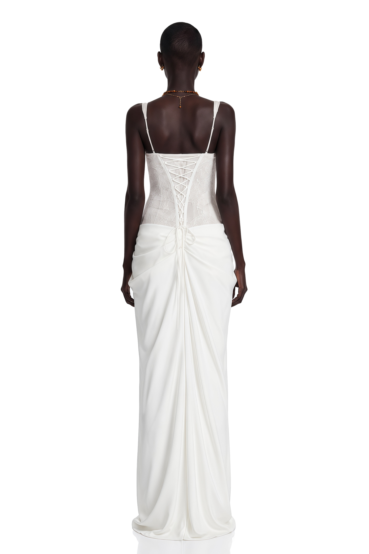 Quintina White Ruched Maxi Dress with Lace Panels
