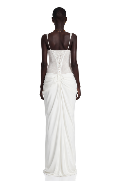 Quintina White Ruched Maxi Dress with Lace Panels