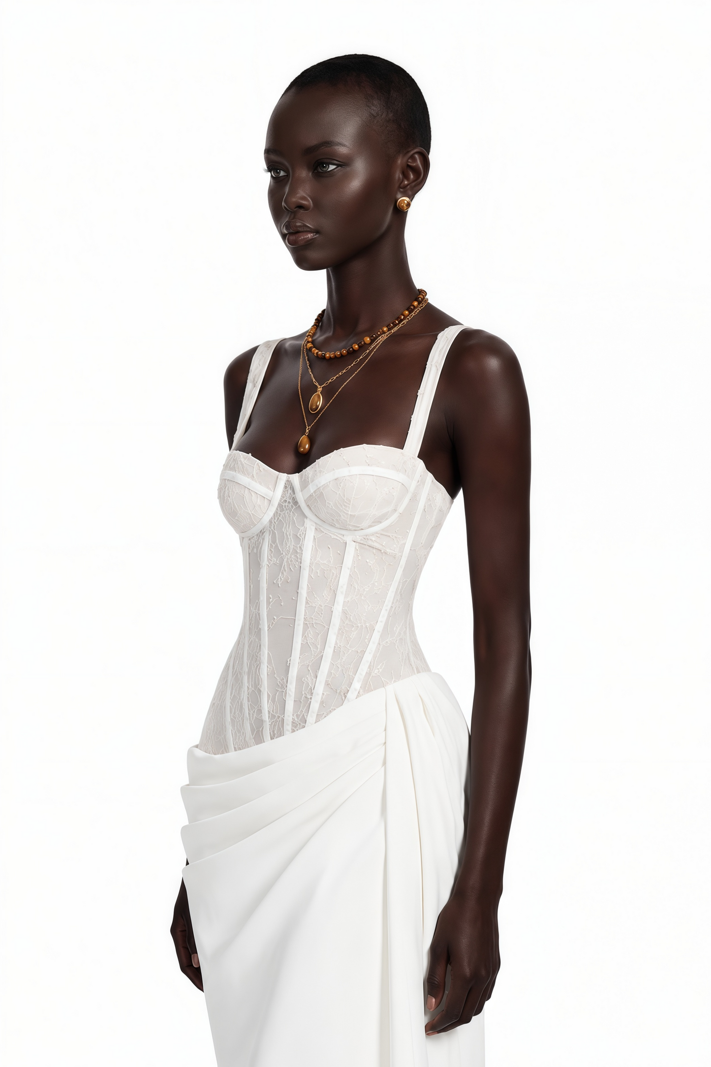 Quintina White Ruched Maxi Dress with Lace Panels