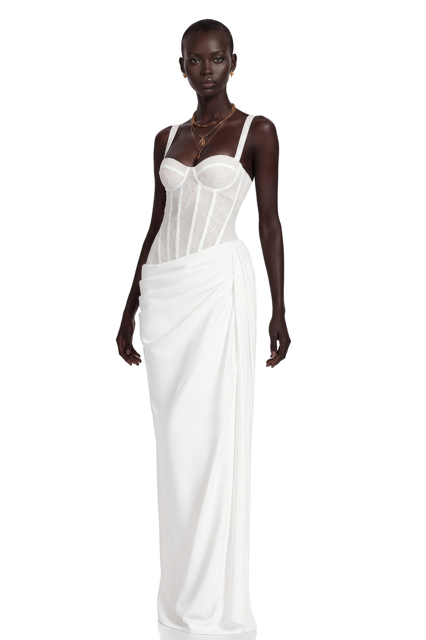 Quintina White Ruched Maxi Dress with Lace Panels