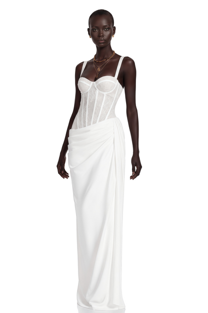 Quintina White Ruched Maxi Dress with Lace Panels