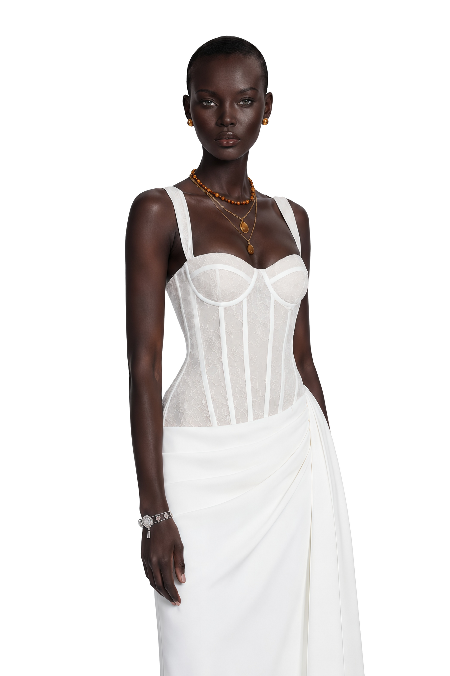 Quintina White Ruched Maxi Dress with Lace Panels