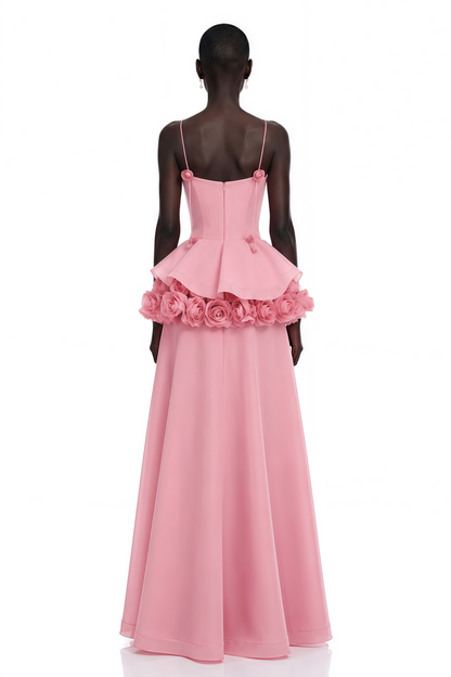 Quitterie Pembe 3D Çiçekli Asimetrik Maxi Elbise