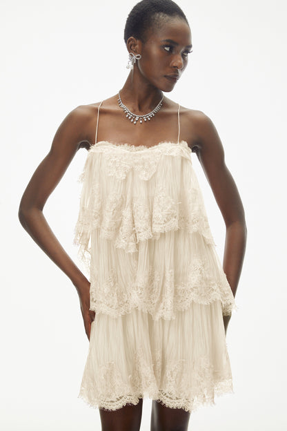 Rachel Beige Tiered Mini Dress with Lace Trim