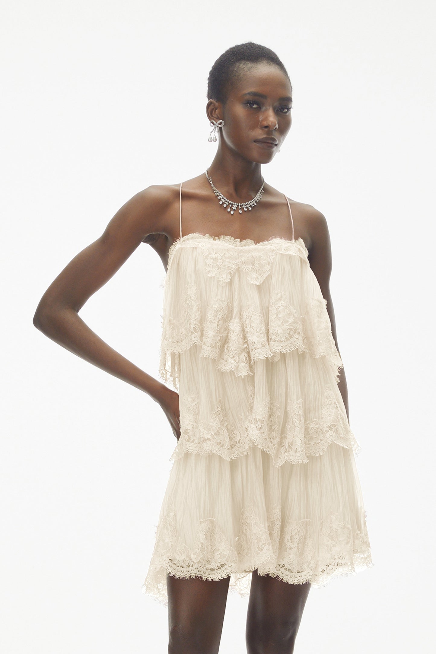 Rachel Beige Tiered Mini Dress with Lace Trim