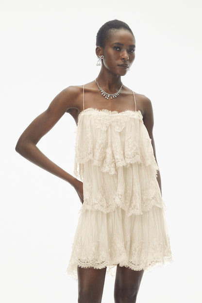 Rachel Beige Tiered Mini Dress with Lace Trim