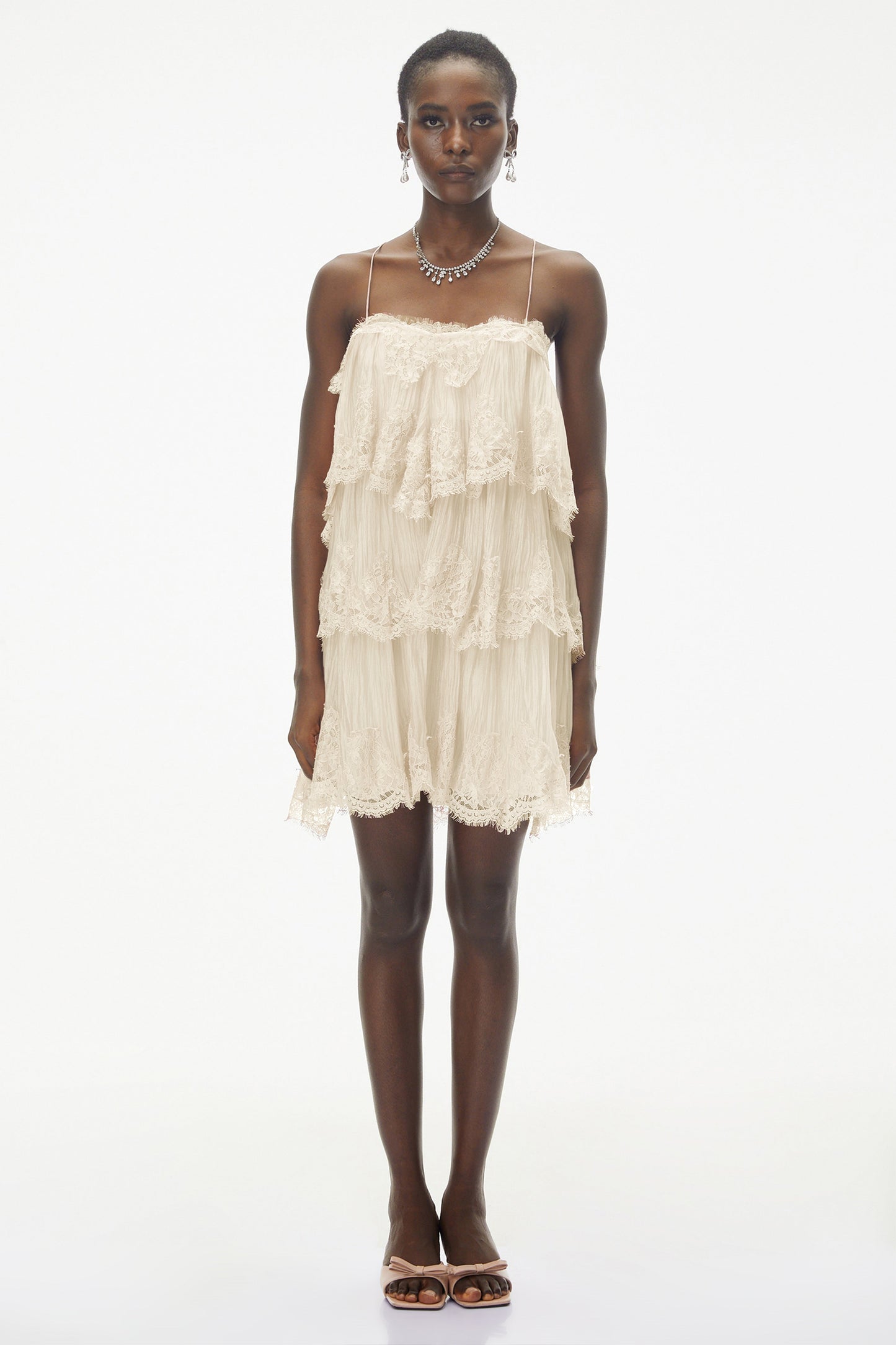Rachel Beige Tiered Mini Dress with Lace Trim