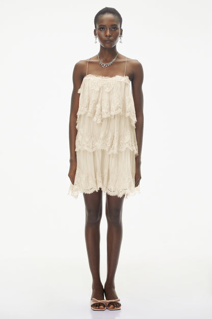 Rachel Beige Tiered Mini Dress with Lace Trim