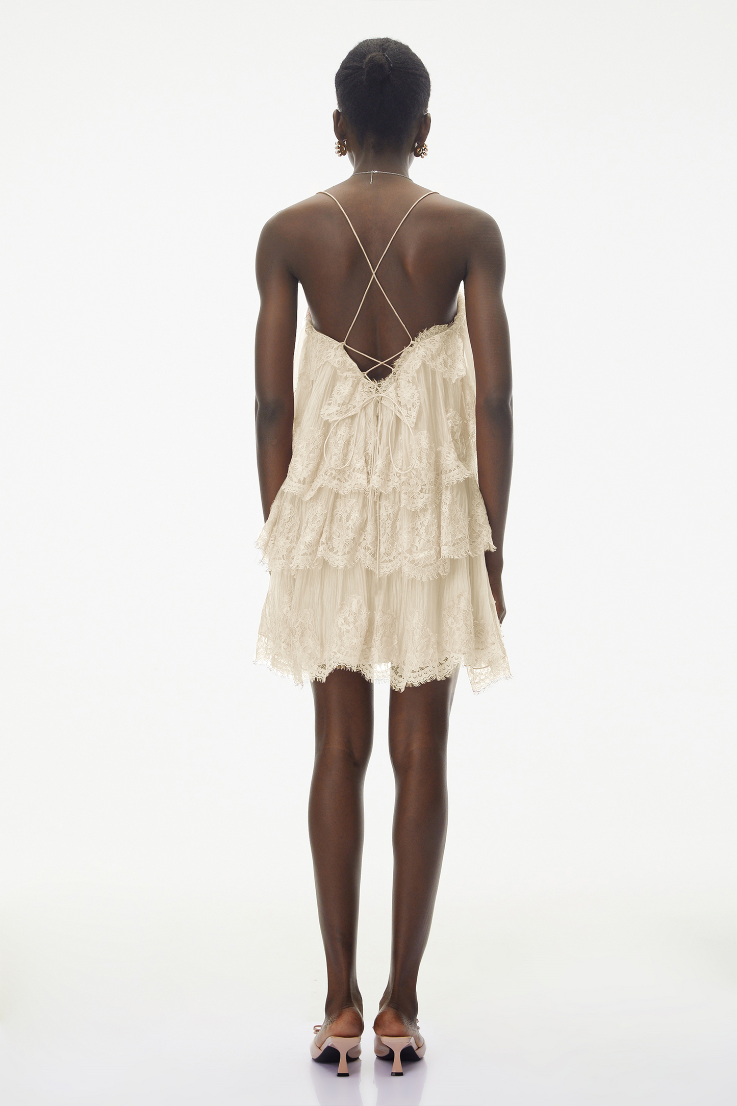 Rachel Beige Tiered Mini Dress with Lace Trim
