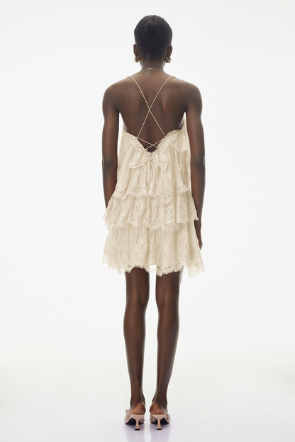 Rachel Beige Tiered Mini Dress with Lace Trim