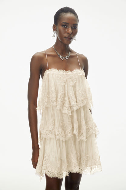Rachel Beige Tiered Mini Dress with Lace Trim