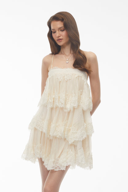 Rachel Beige Tiered Mini Dress with Lace Trim
