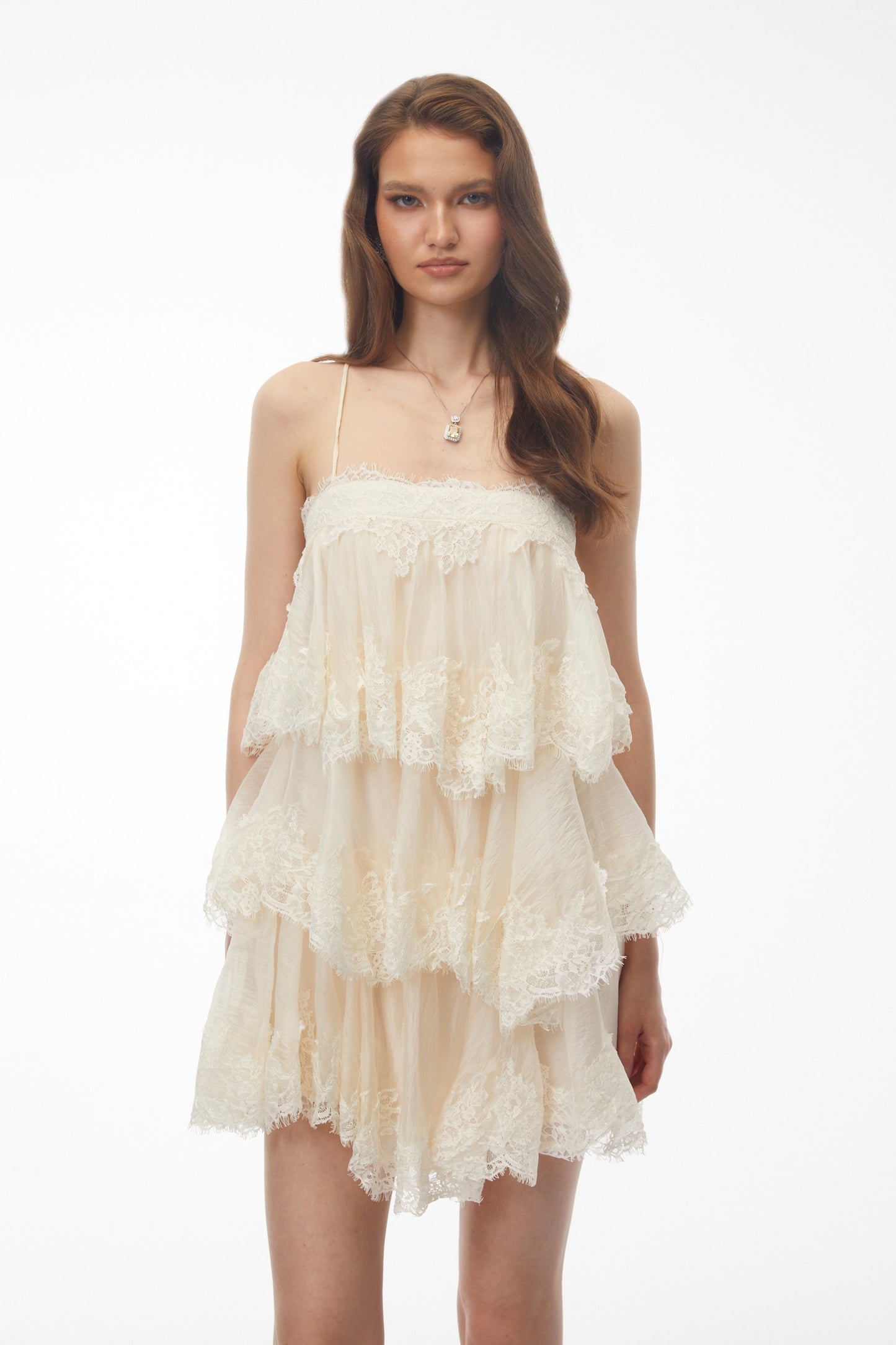Rachel Beige Tiered Mini Dress with Lace Trim