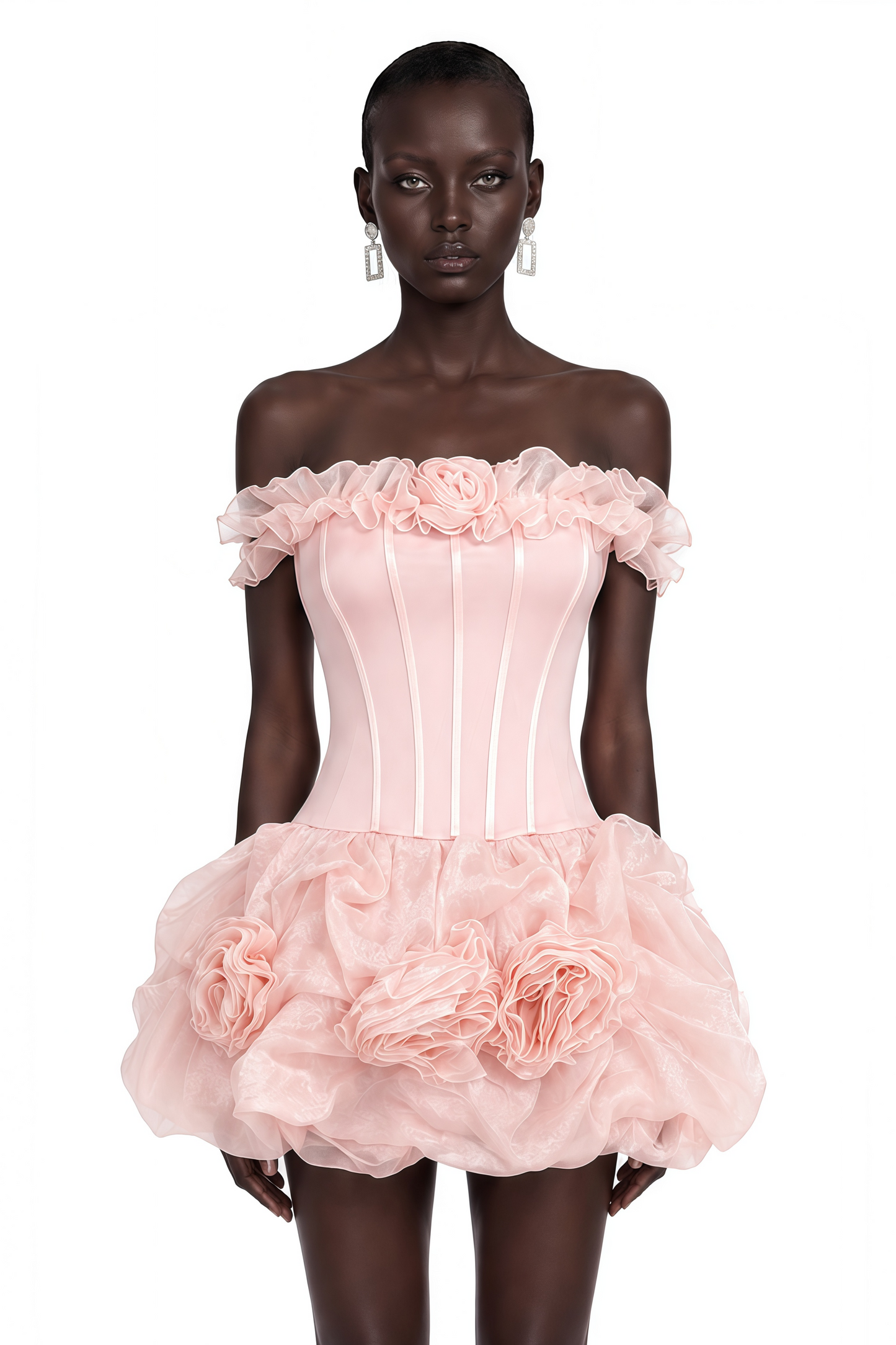 Rachel Pink Off Shoulder Ruffled Mini Dress with 3D Florals