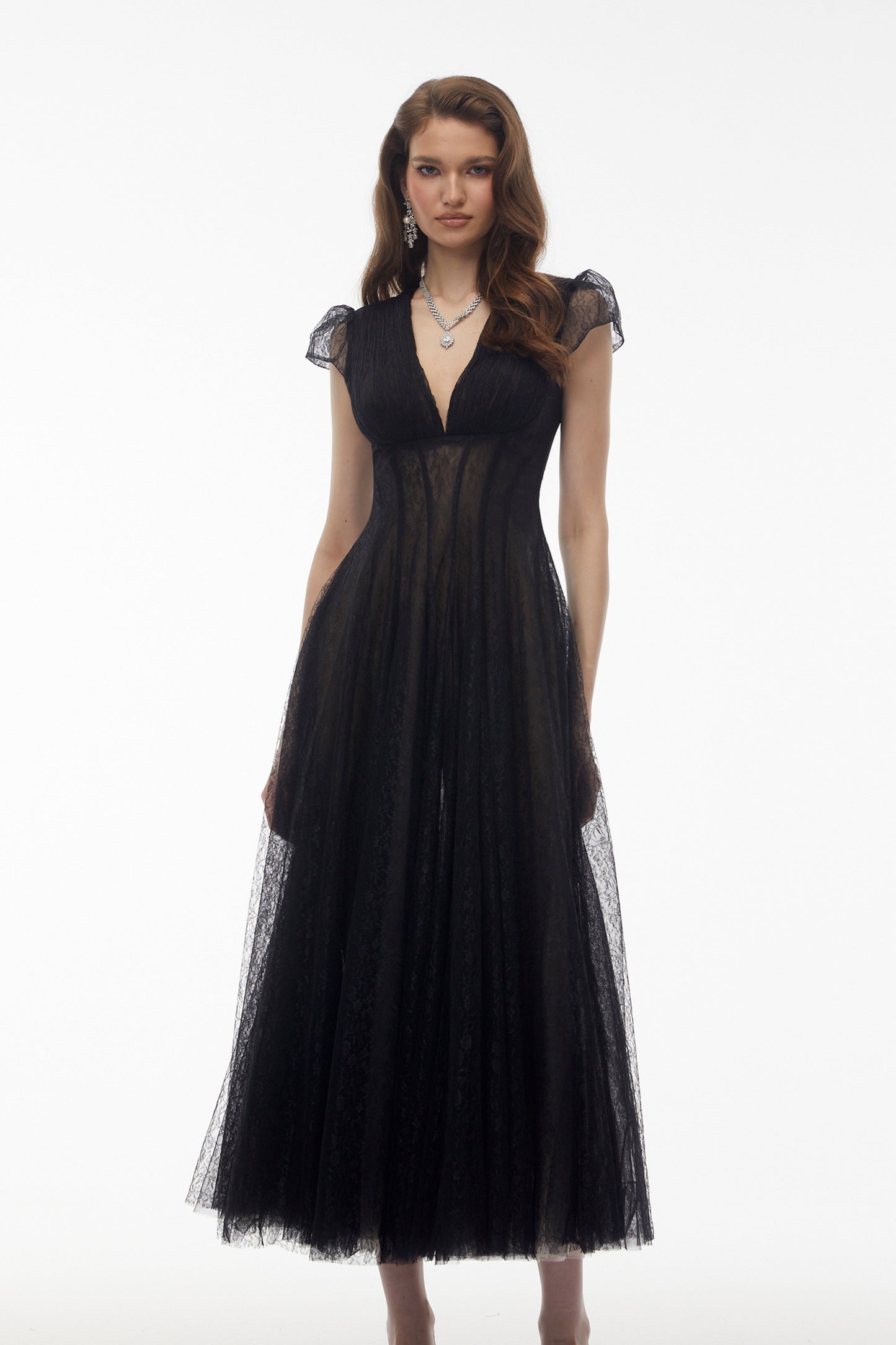 Radiya Black Floral Lace Pleated Maxi Dress