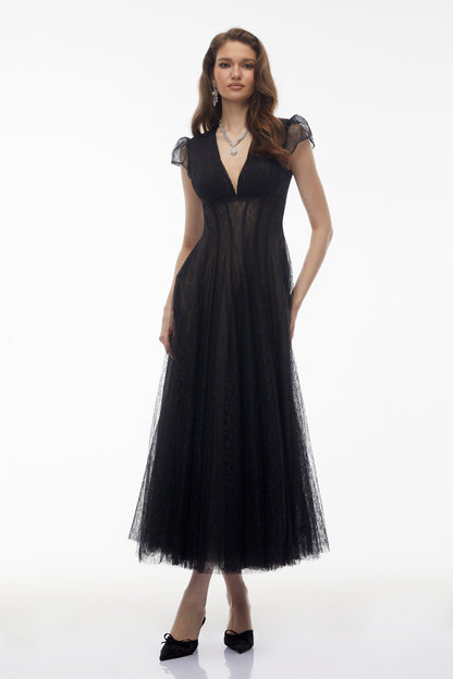 Radiya Black Floral Lace Pleated Maxi Dress