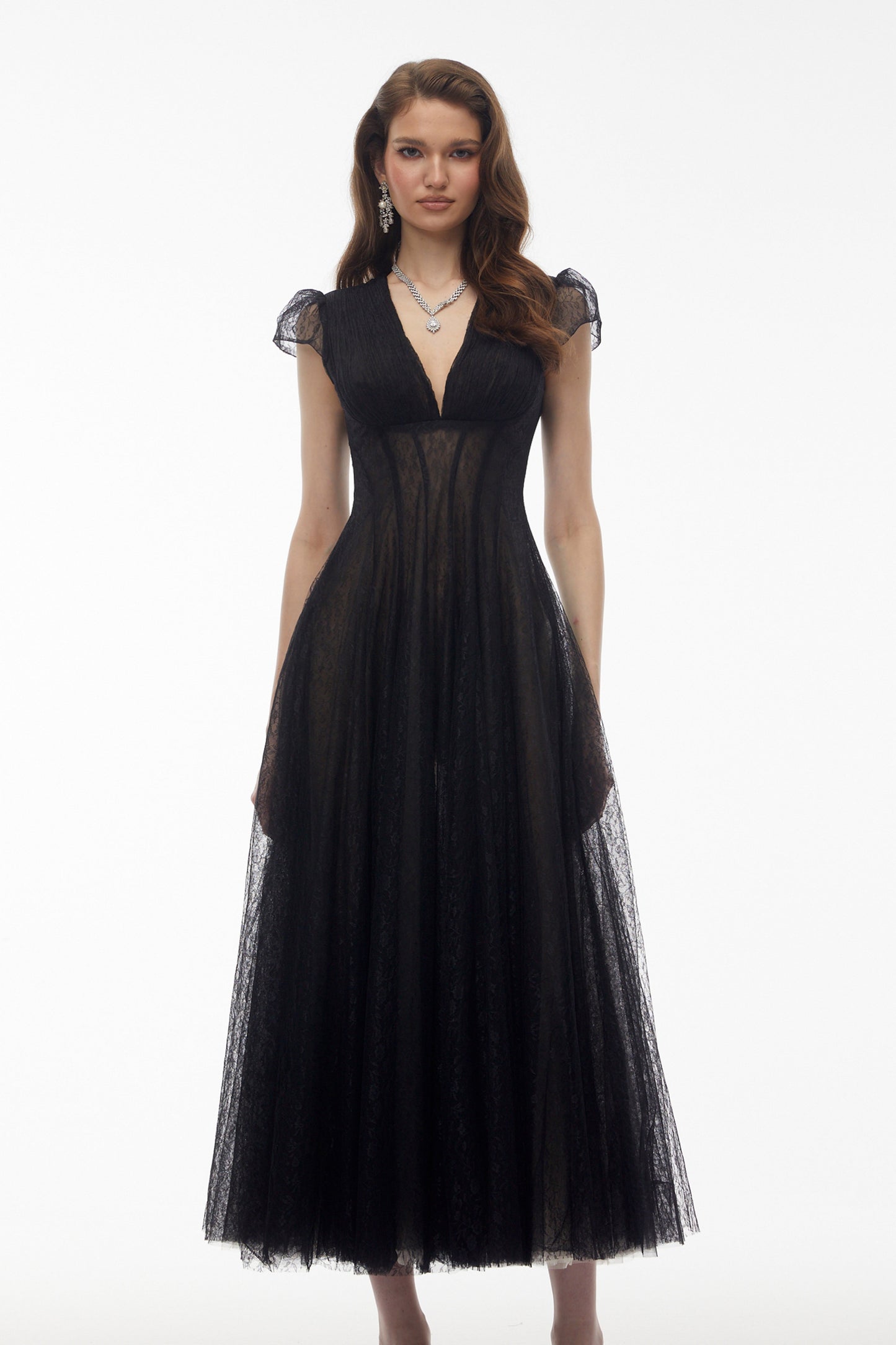 Radiya Black Floral Lace Pleated Maxi Dress
