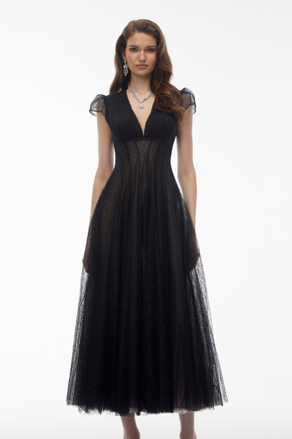 Radiya Black Floral Lace Pleated Maxi Dress