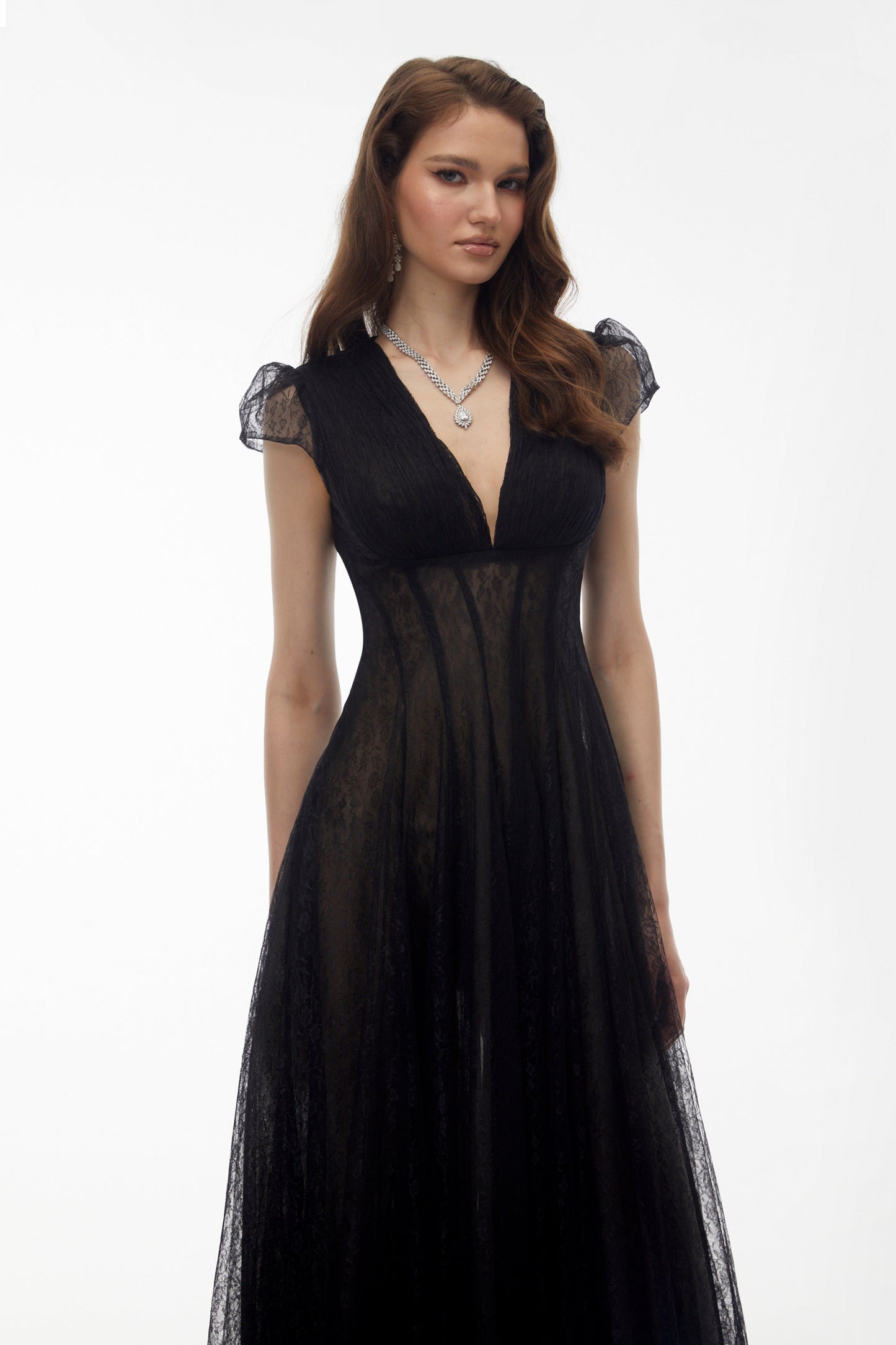 Radiya Black Floral Lace Pleated Maxi Dress