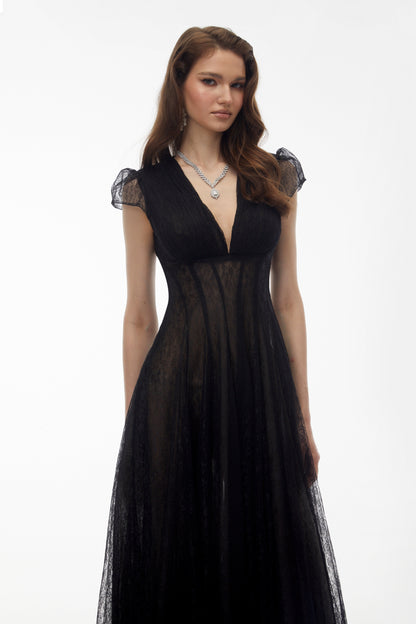 Radiya Black Floral Lace Pleated Maxi Dress