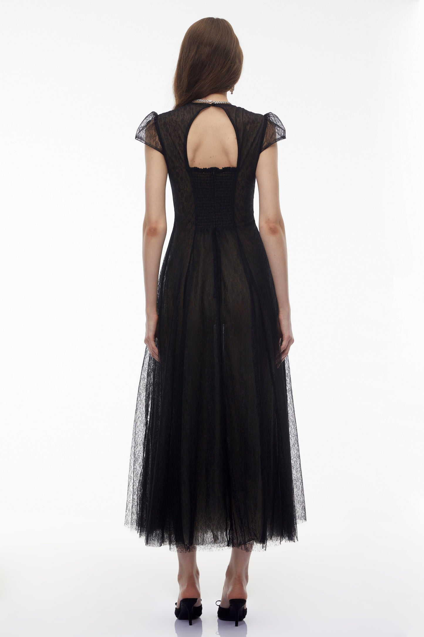Radiya Black Floral Lace Pleated Maxi Dress