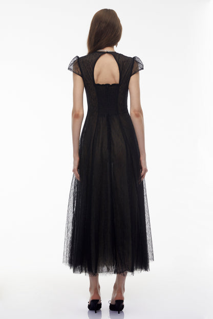 Radiya Black Floral Lace Pleated Maxi Dress