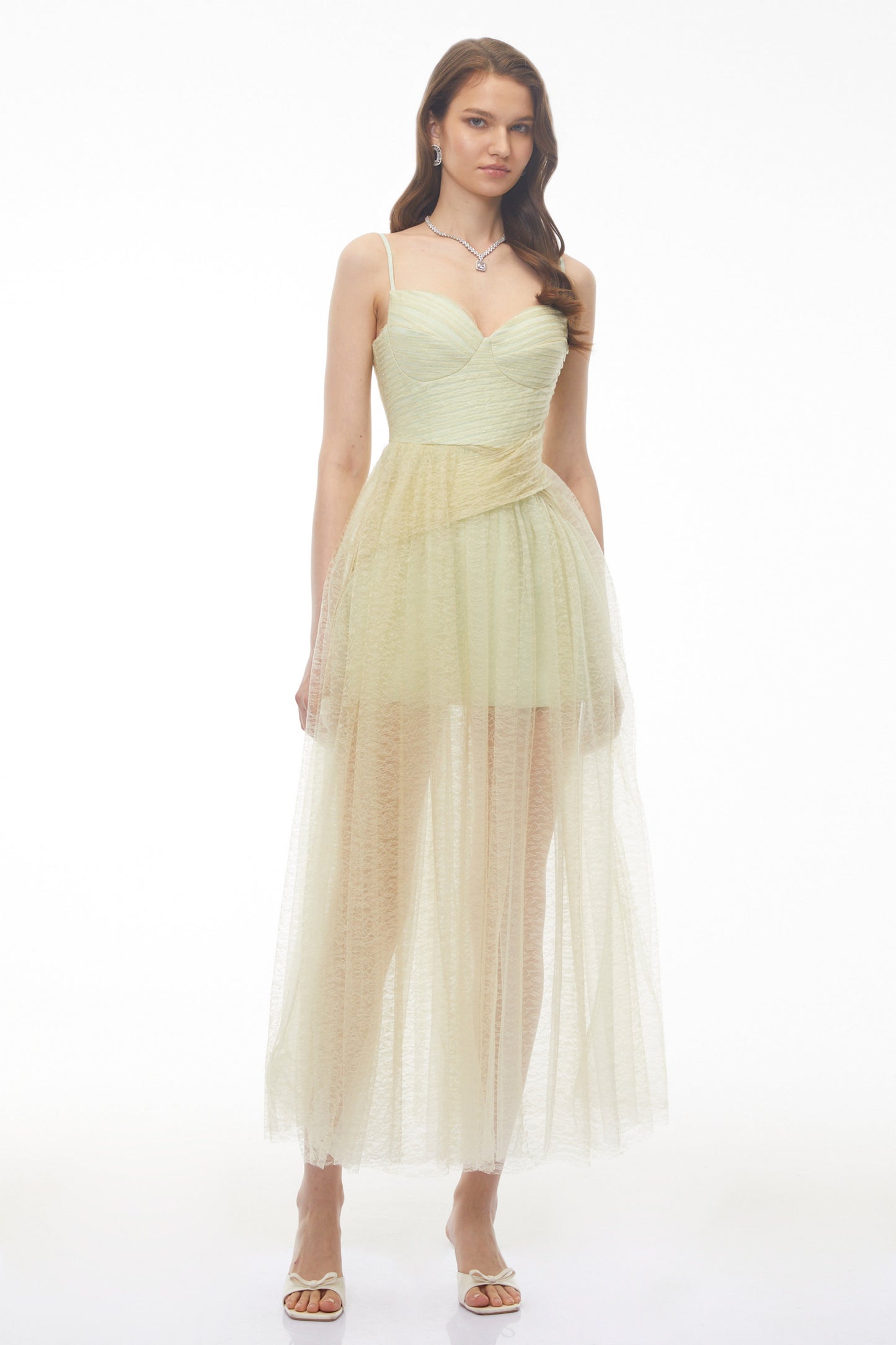Radiya Sage Green Lace Pleated Maxi Dress