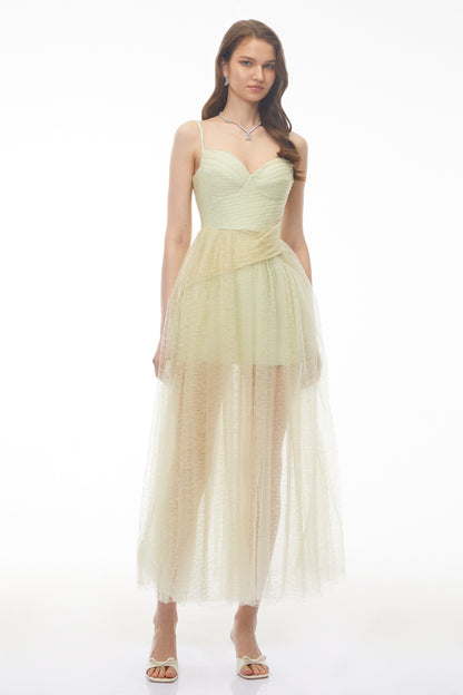 Radiya Sage Green Lace Pleated Maxi Dress