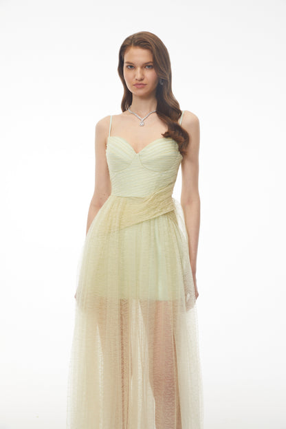 Radiya Sage Green Lace Pleated Maxi Dress