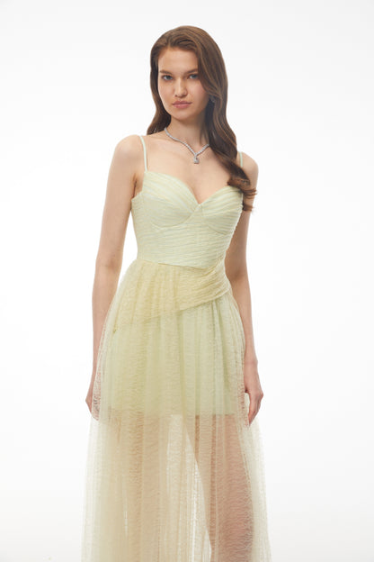 Radiya Sage Green Lace Pleated Maxi Dress