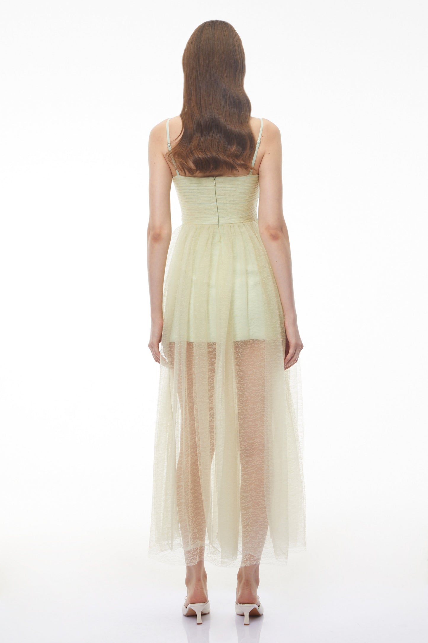 Radiya Sage Green Lace Pleated Maxi Dress