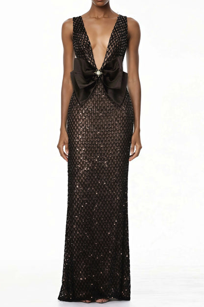 Raelynn Siyah Derin V Yaka Bodycon Maxi Elbise