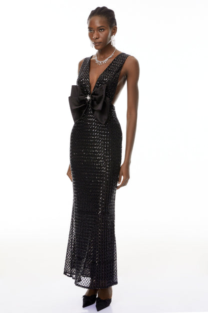Raelynn Siyah Derin V Yaka Bodycon Maxi Elbise