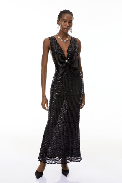 Raelynn Siyah Derin V Yaka Bodycon Maxi Elbise