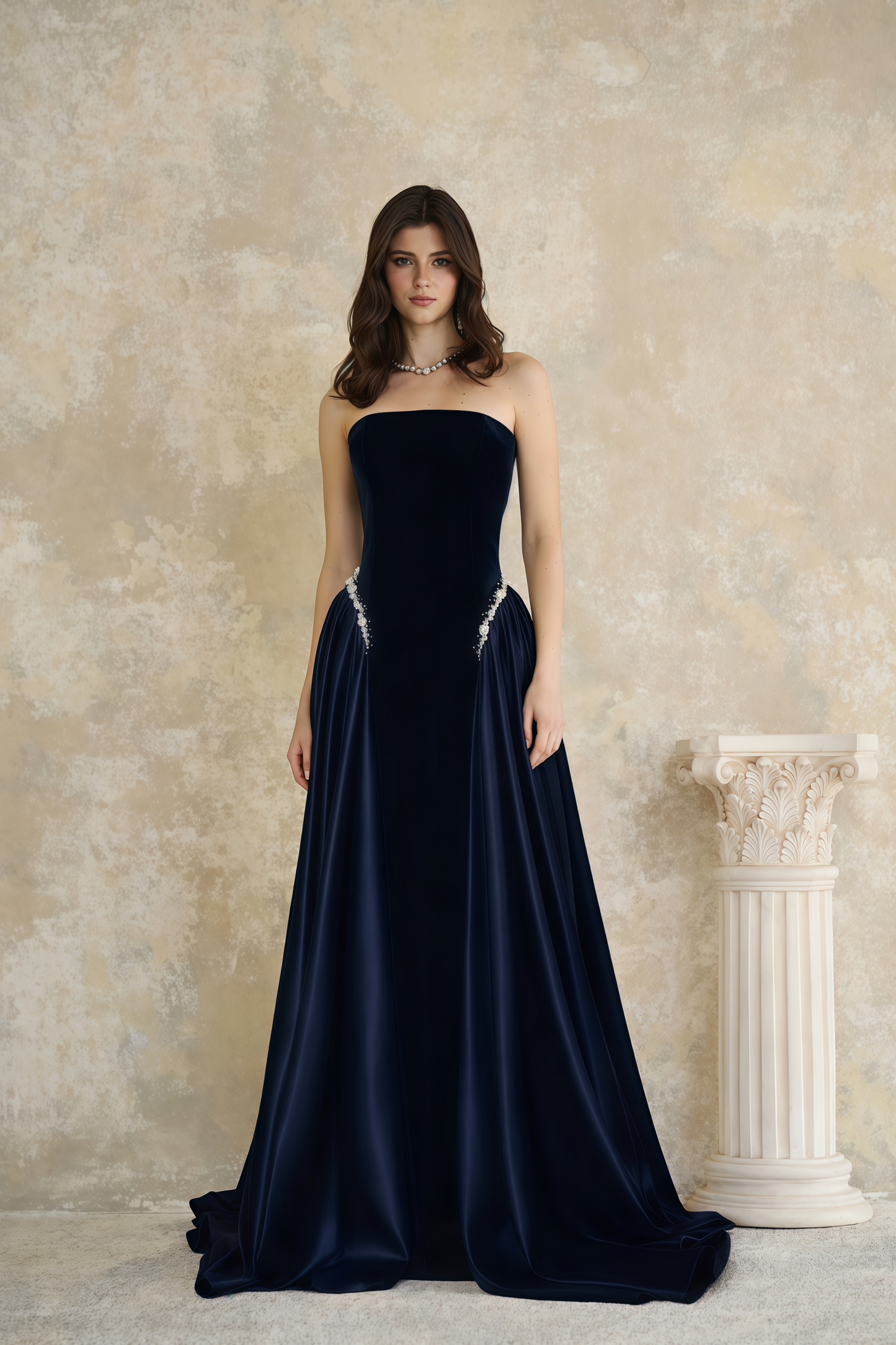 Raffaella Sapphire Pearl Trim Maxi Gown