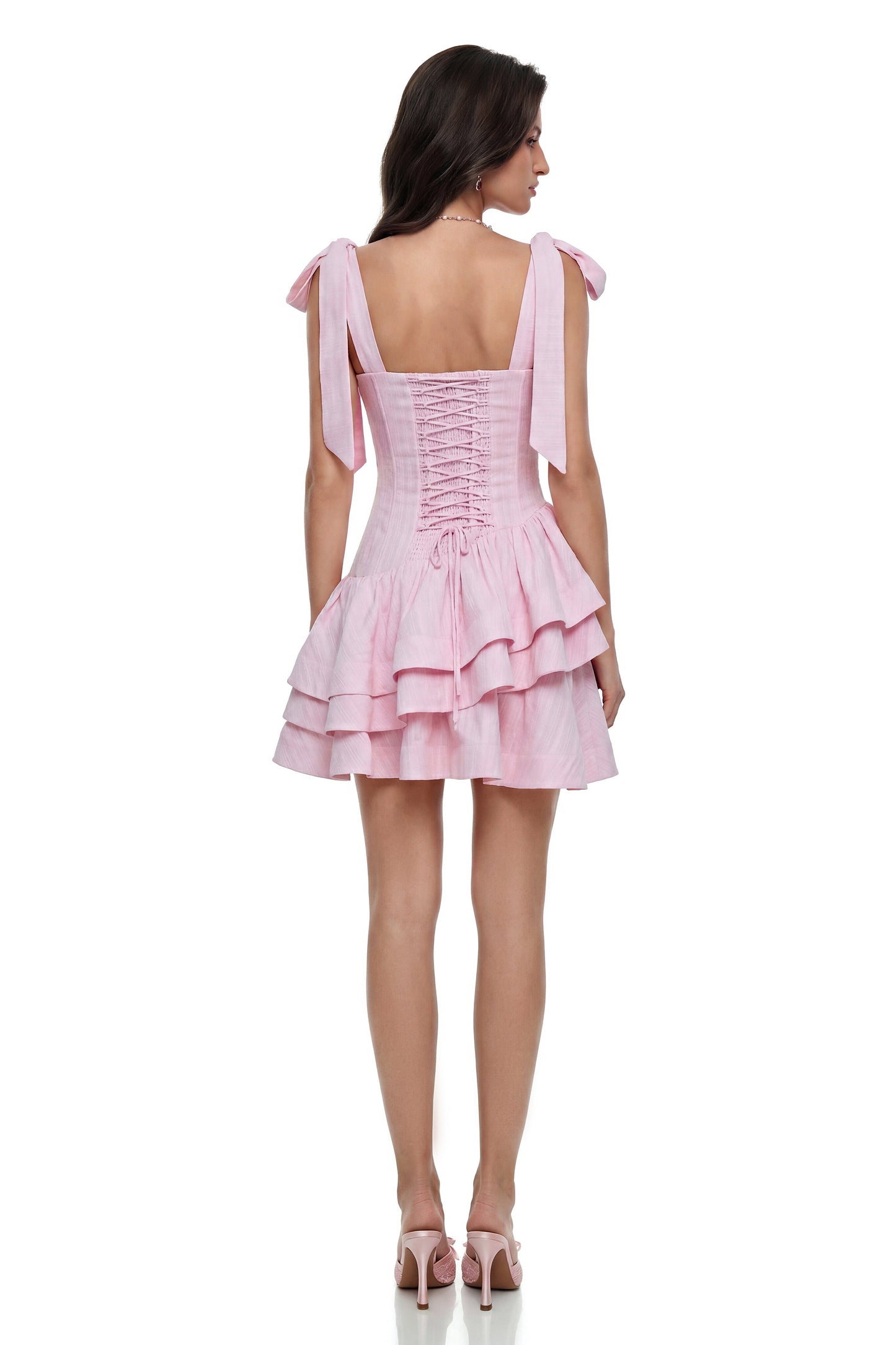 Rahab Pink Lace-Up Tiered Mini Dress