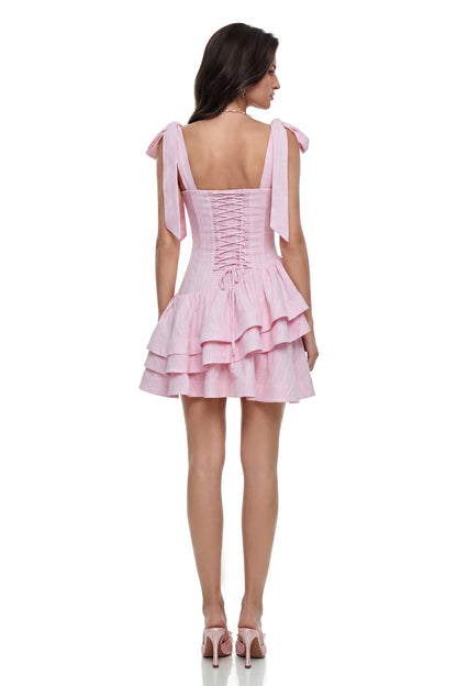 Rahab Pink Lace-Up Tiered Mini Dress
