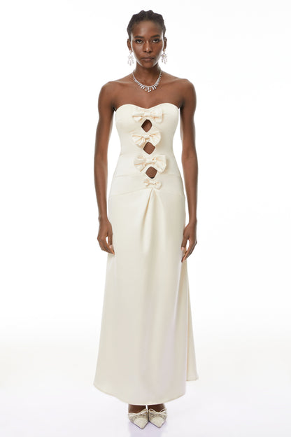 Ramona White Cut-Out Bow Pleated Maxi Dress