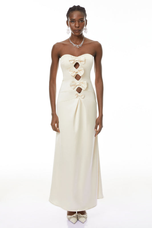 Ramona White Cut-Out Bow Pleated Maxi Dress
