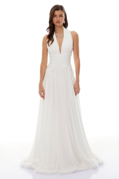 Ramona White Feather Hem Gathered Maxi Dress