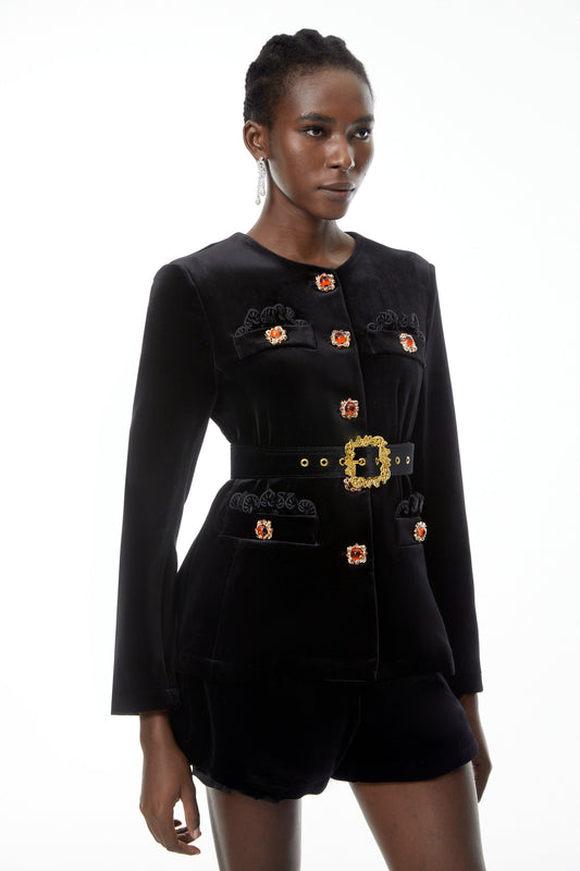 Reese Black Embellished Velvet Blazer & Shorts Set