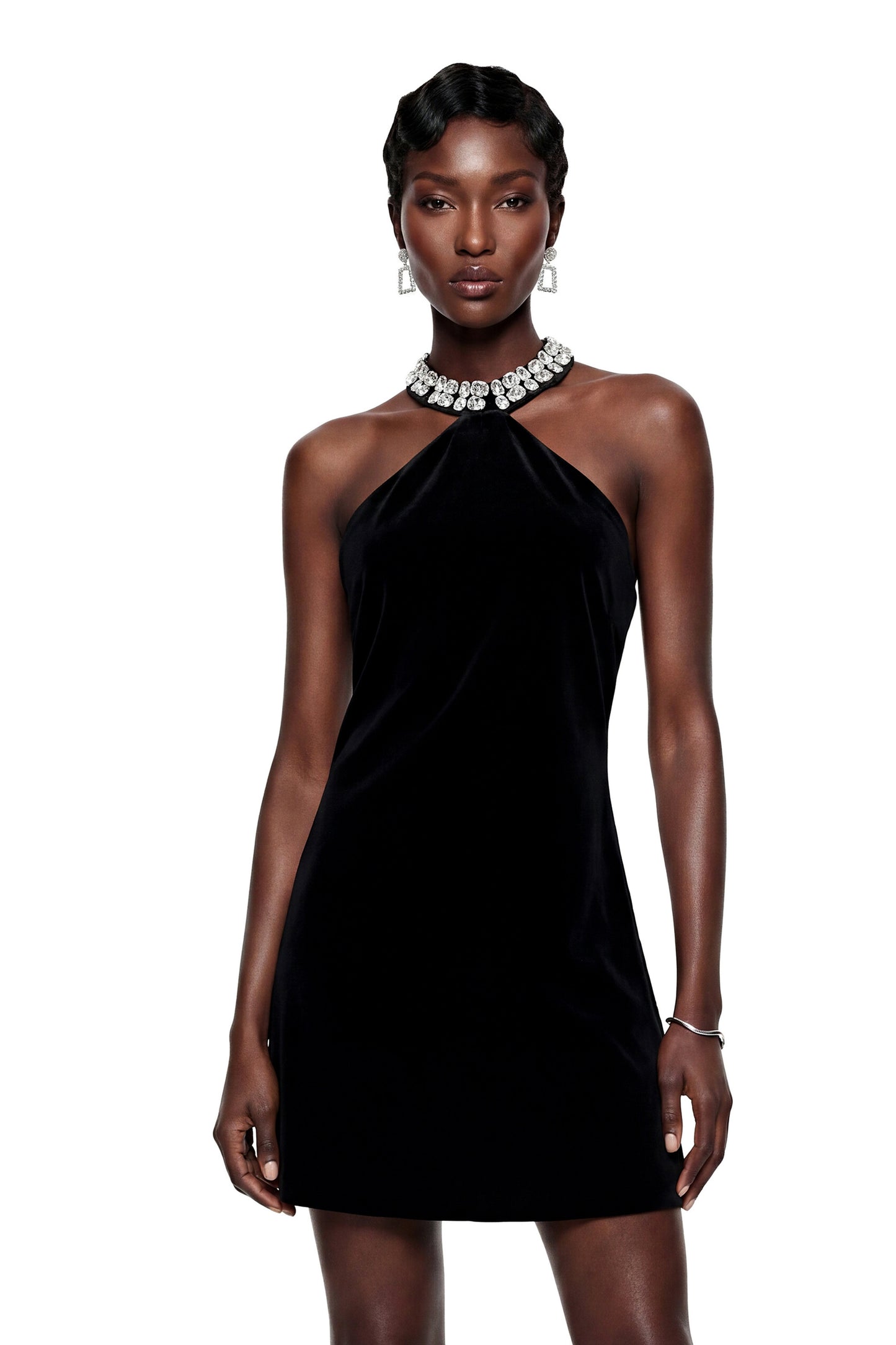 Regina Black Halterneck Velvet Mini Dress with Crystals