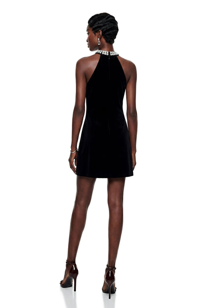 Regina Black Halterneck Velvet Mini Dress with Crystals