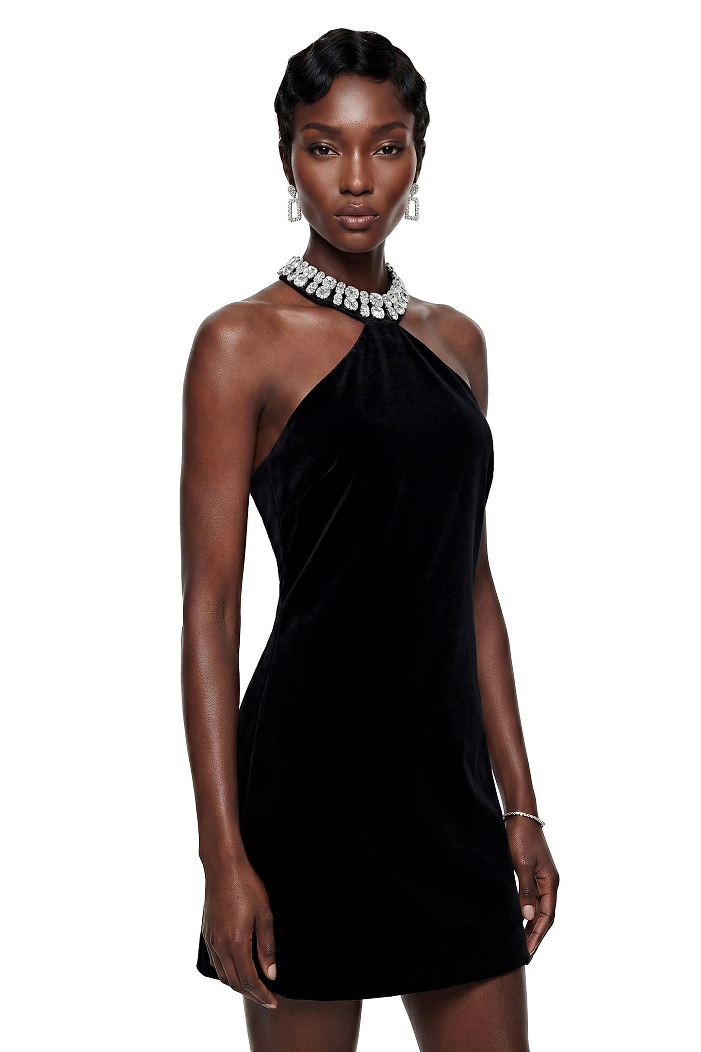Regina Black Halterneck Velvet Mini Dress with Crystals
