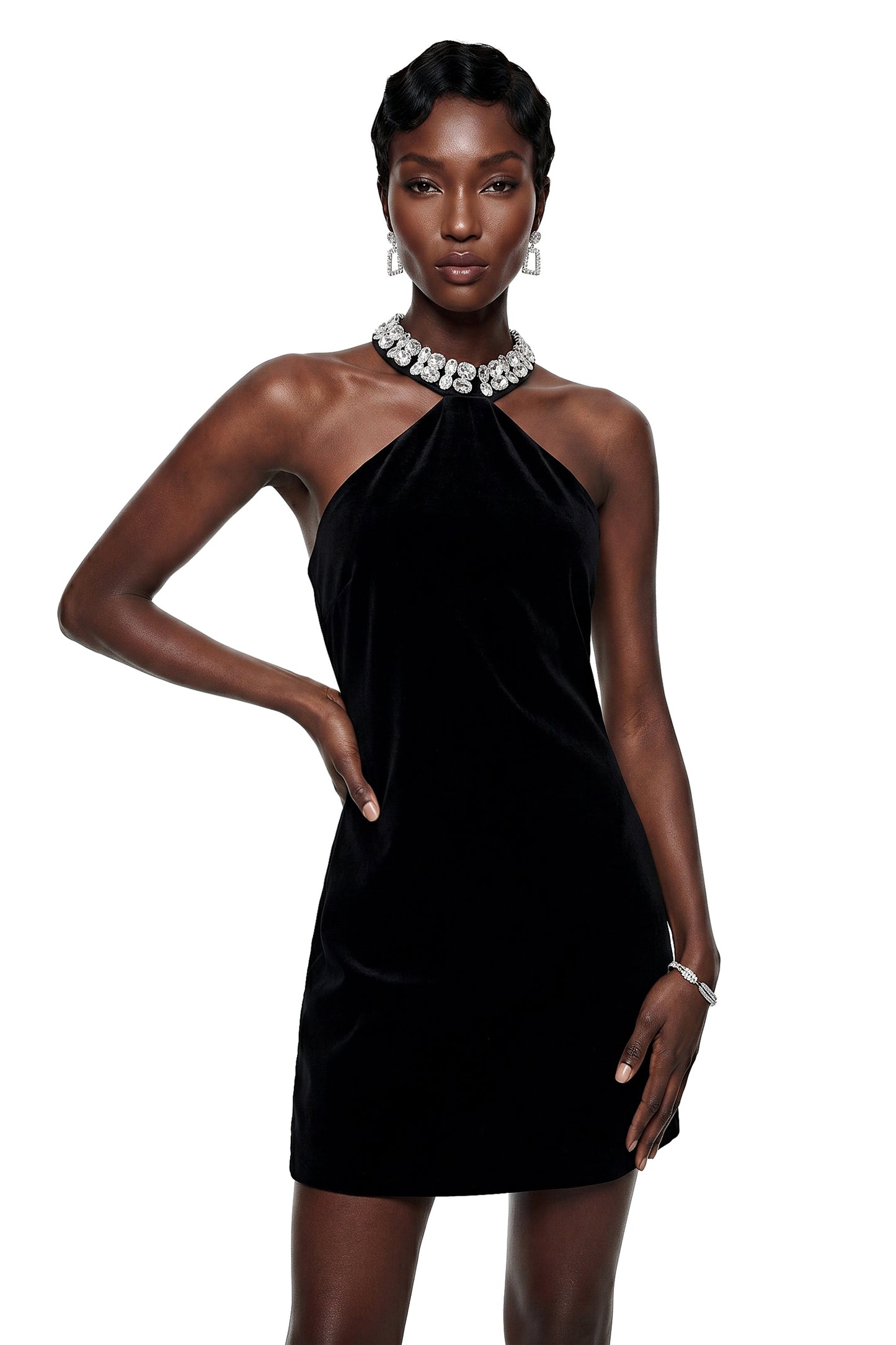 Regina Black Halterneck Velvet Mini Dress with Crystals