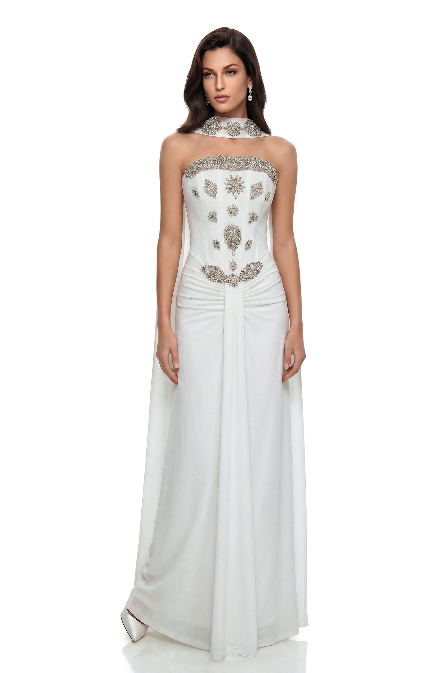 Reina White Embellished Maxi Dress with Ribbon