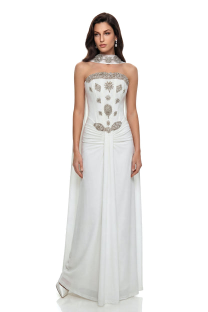 Reina White Embellished Maxi Dress with Ribbon