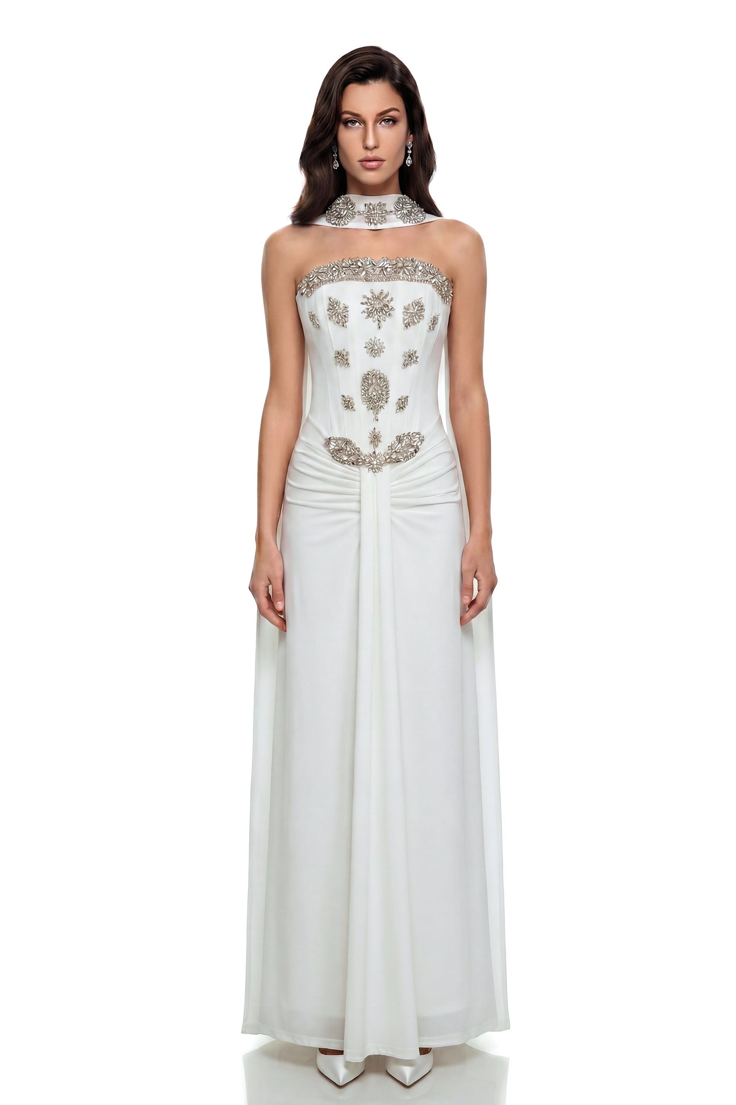 Reina White Embellished Maxi Dress with Ribbon