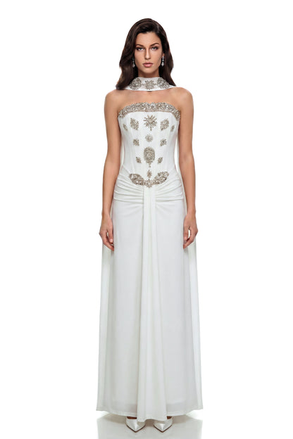 Reina White Embellished Maxi Dress with Ribbon