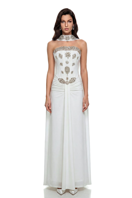 Reina White Embellished Maxi Dress with Ribbon